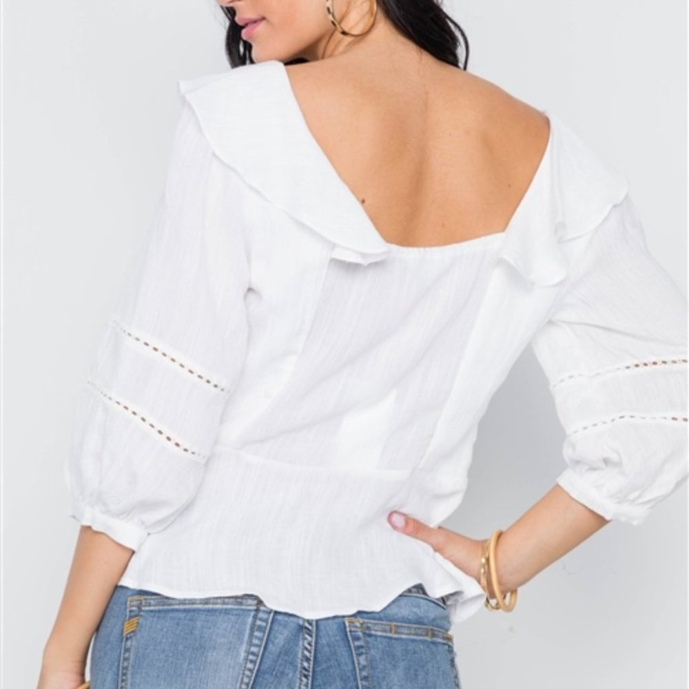 White Crochet Trim Button Down Boho Top - Picture 3 of 4